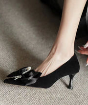 New Black Classy Beaded Bow Suede High Heels