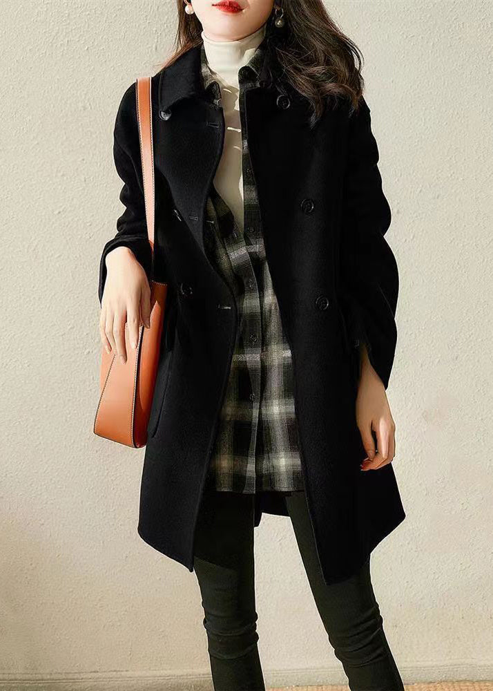 New Black Double Breast Pockets Patchwork Woolen Coat Fall