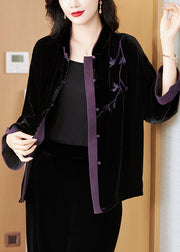 New Black Embroidered Button Silk Velvet Coat Fall