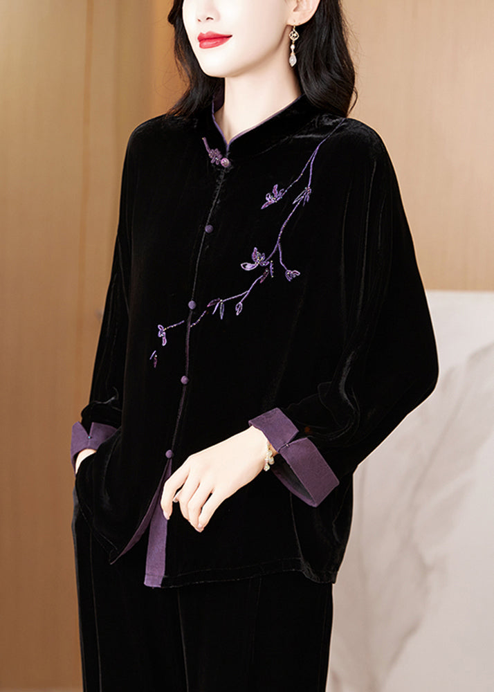 New Black Embroidered Button Silk Velvet Coat Fall