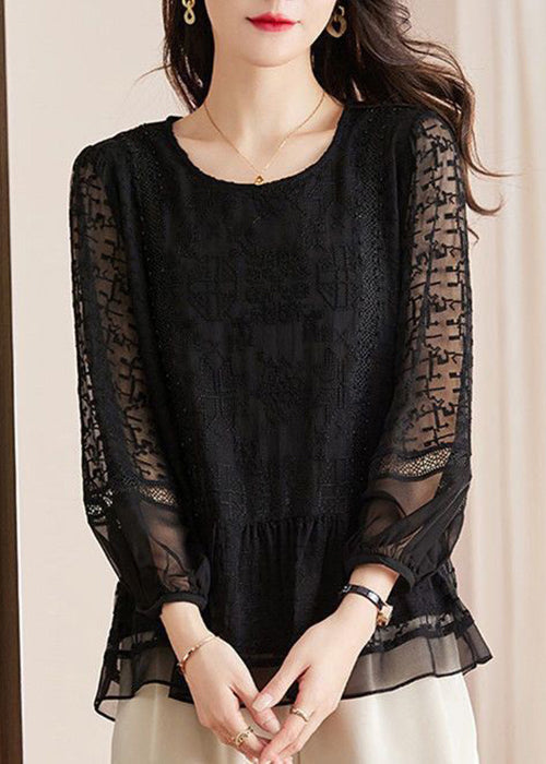 New Black Embroidered Hollow Out Lace Shirts Long Sleeve