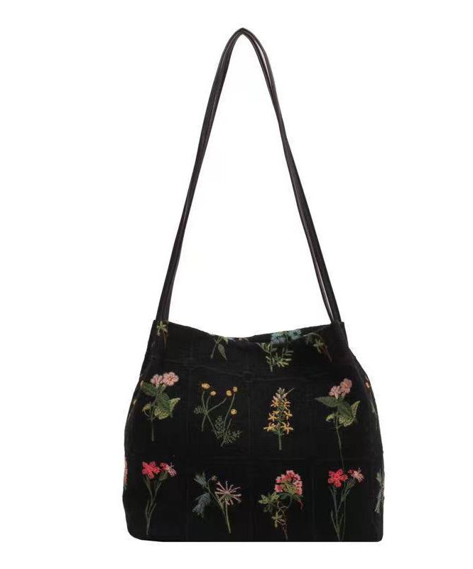 New Black Embroidered Large Capacity Canvas Shoulder Bag