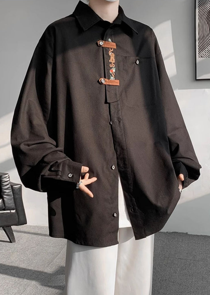 New Black Embroideried Button Cotton Men Shirts Fall