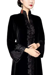 New Black Embroidered Button Fleece Long Dresses Flare Sleeve