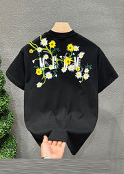 New Black Embroideried Cozy Cotton T Shirts Short Sleeve