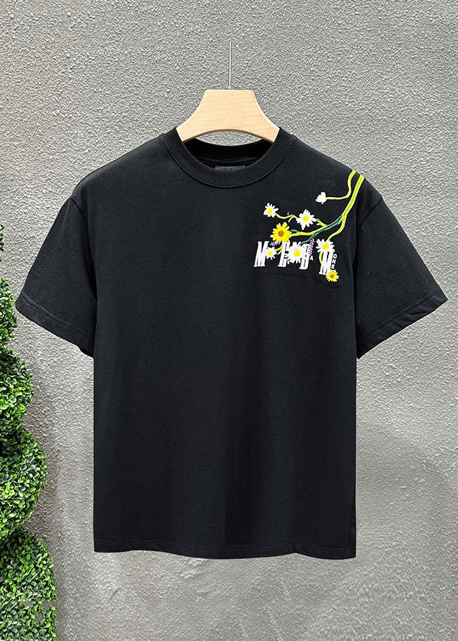 New Black Embroideried Cozy Cotton T Shirts Short Sleeve