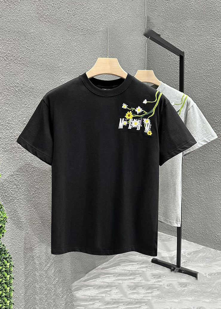 New Black Embroideried Cozy Cotton T Shirts Short Sleeve