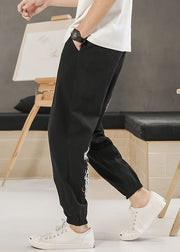 New Black Embroideried Elastic Waist Cotton Men Beam Pants Summer