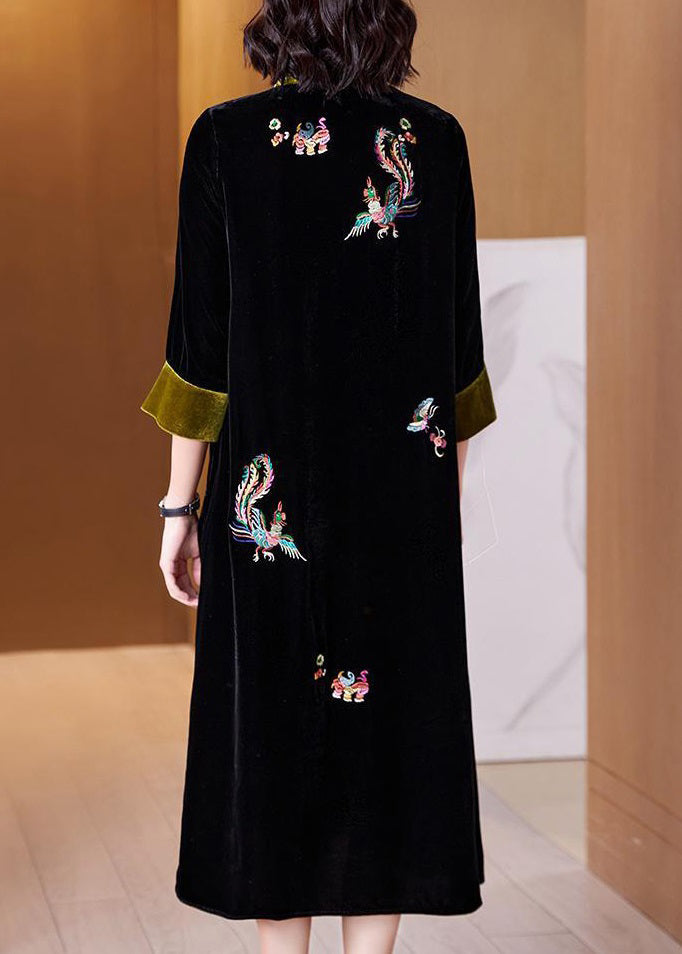 New Black Embroidered Pockets Silk Velour Dress Long Sleeve