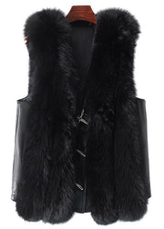 New Black Fox Collar Button Patchwork Leather And Fur Waistcoat Sleeveless