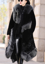 New Black Fox Collar Pockets Patchwork Leather And Fur Coats Winter