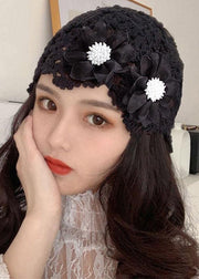 New Black Hollow Out Floral Thin Knit Bonnie Hat