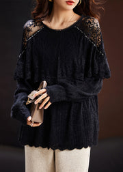 New Black Hollow Out Lace Patchwork Knit Tops Long Sleeve