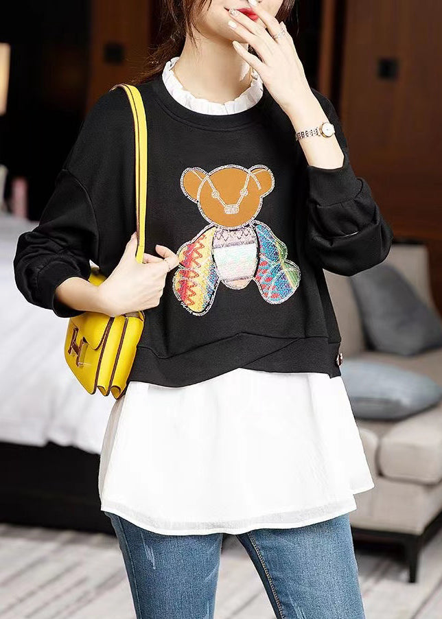 New Black Little Bear Ruffled Patchwork Cotton Top Fall