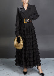 New Black Notched Ruffled Spandex Long Dresses Fall