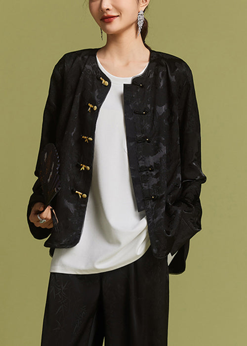 New Black O-Neck Button Side Open Silk Coat Fall