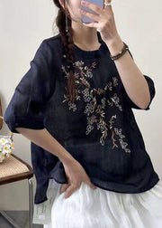 New Black O-Neck Embroideried Patchwork Cotton T Shirt Half Sleeve