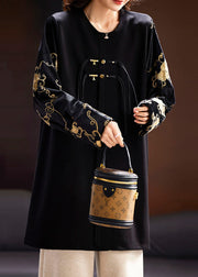 New Black O-Neck Embroideried Silk Velour Patchwork Top Long Sleeve