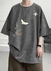 New Black O Neck Oriental Print Linen Oversized T Shirt Men Summer