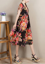 New Black O Neck Print Patchwork Cotton Long Dresses Short Sleeve