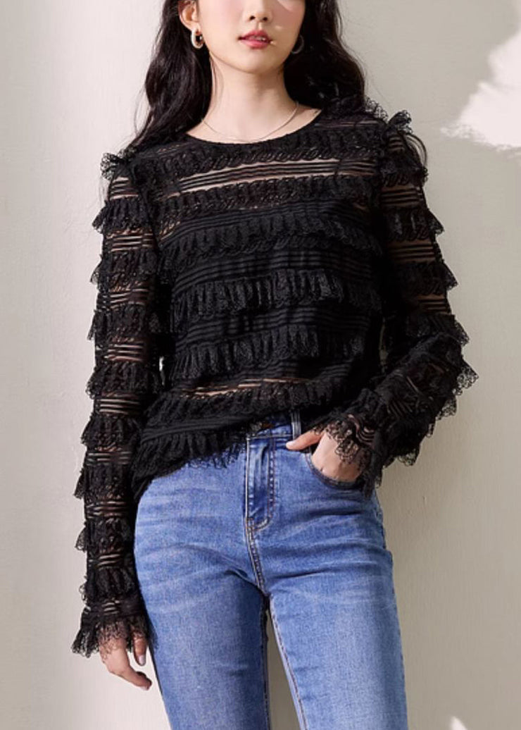 New Black O Neck Solid Lace Top Long Sleeve