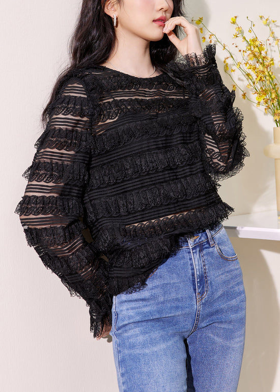 New Black O Neck Solid Lace Top Long Sleeve