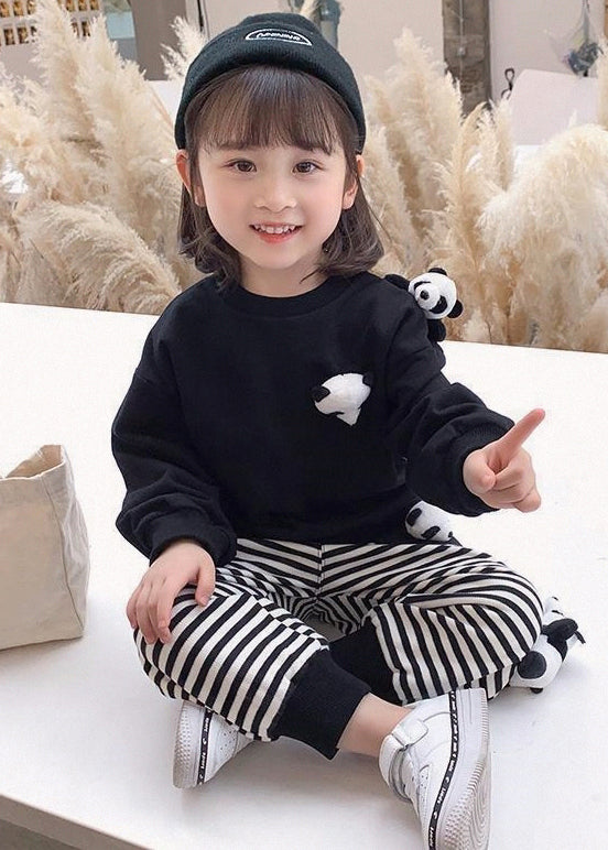 New Black Panda Striped Patchwork Cotton Girls Two Pieces Set Fall