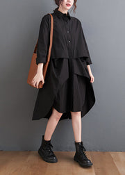 New Black Peter Pan Collar Button Patchwork Cotton Shirts Mid Dress Fall