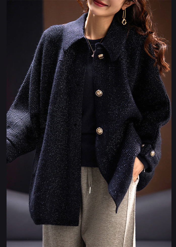 New Black Peter Pan Collar Button Pockets Knit Coats Long Sleeve