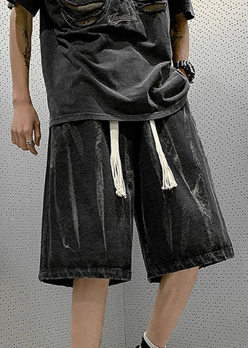 New Black Pockets Elastic Waist Denim Mens Shorts Summer