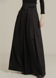 New Black Pockets High Waist Cotton Wide Leg Pants Spring