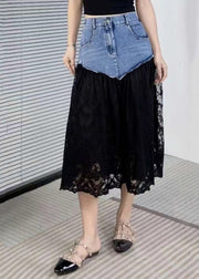 New Black Pockets Lace Patchwork Denim Skirts Summer