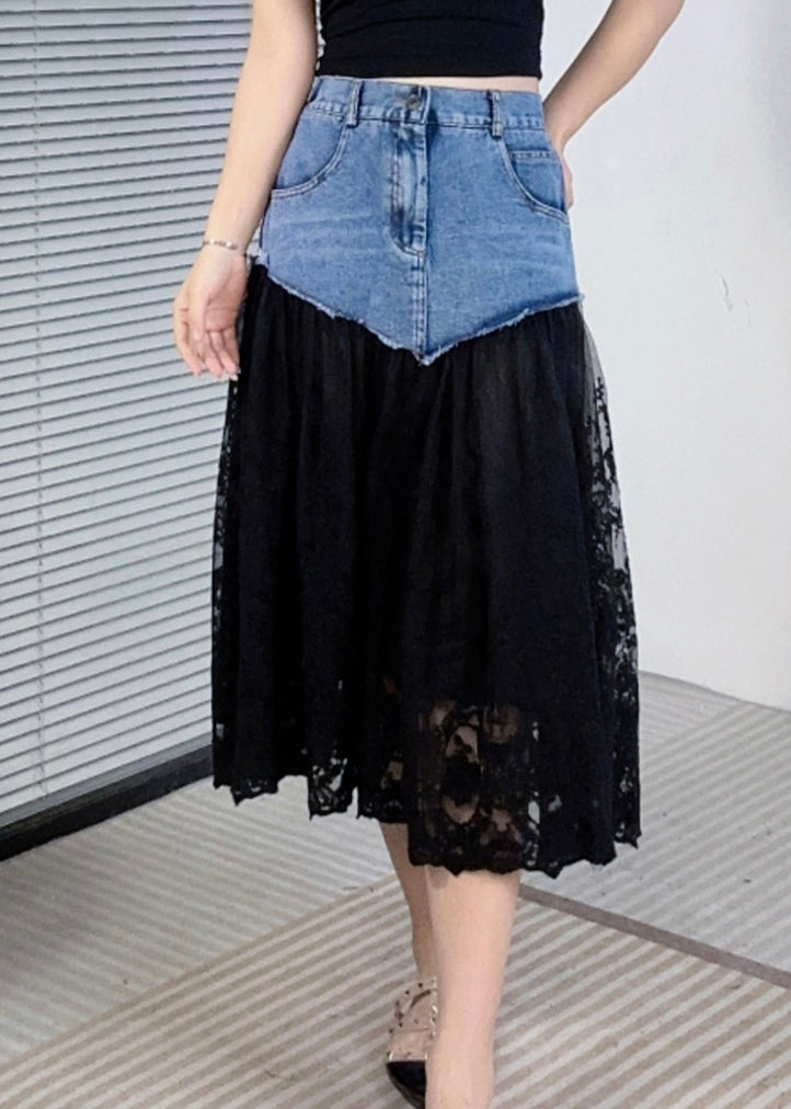 New Black Pockets Lace Patchwork Denim Skirts Summer