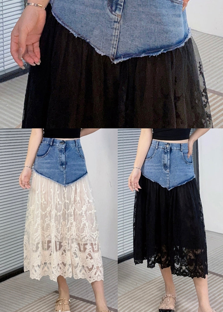 New Black Pockets Lace Patchwork Denim Skirts Summer