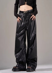 New Black Pockets Wrinkled High Waist Faux Leather Pants Fall