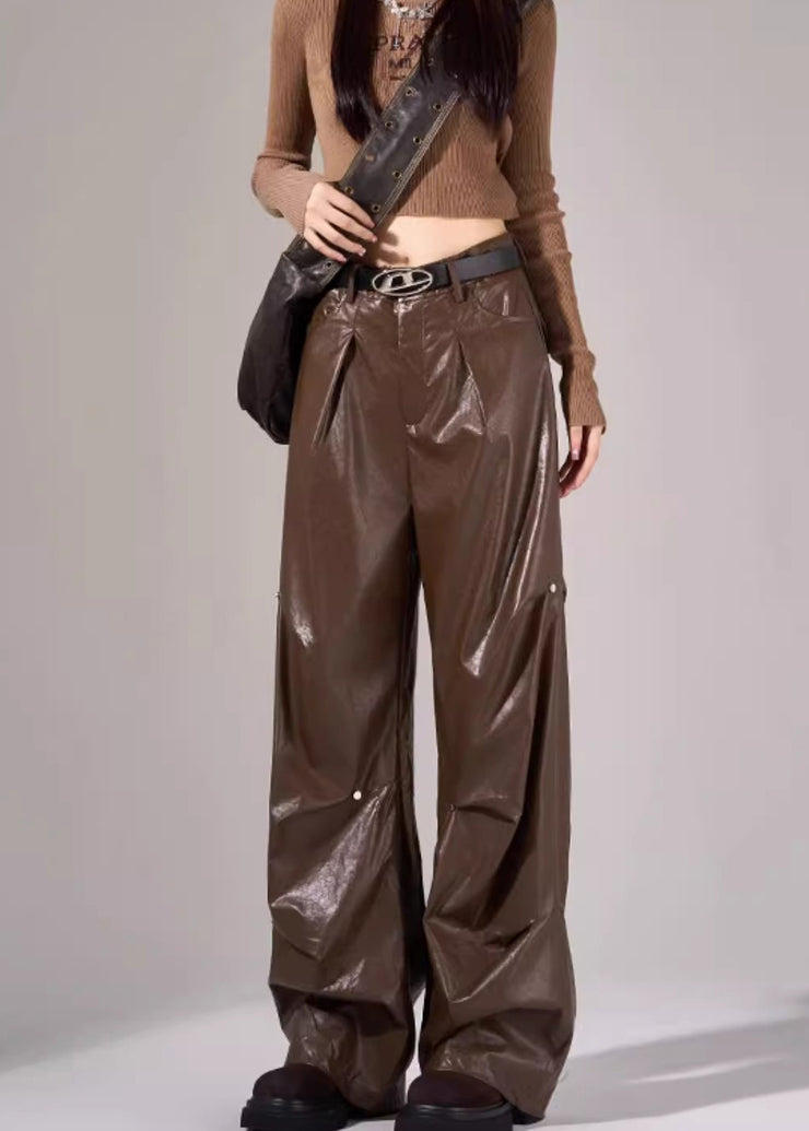 New Black Pockets Wrinkled High Waist Faux Leather Pants Fall