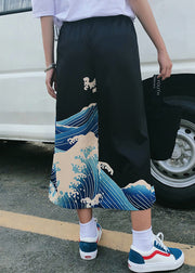 New Black Print Elastic Waist Ice Silk Men Wide Leg Pants Summer