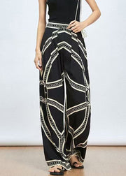 New Black Print High Waist Ice Silk Wide Leg Pants Summer