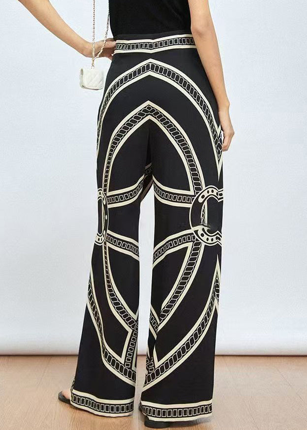 New Black Print High Waist Ice Silk Wide Leg Pants Summer