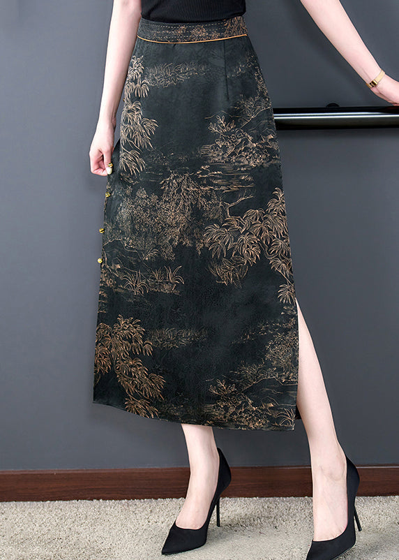 New Black Print Side Open Elastic Waist Silk Skirts Summer