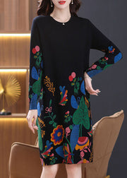 New Black Print Side Open Wool Knit Dress Long Sleeve