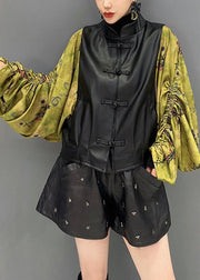 New Black Print Wrinkled Faux Leather Patchwork Coat Fall