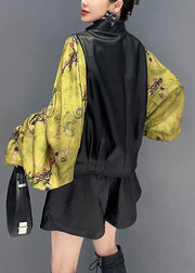 New Black Print Wrinkled Faux Leather Patchwork Coat Fall