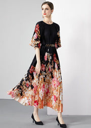 New Black Print Wrinkled Loose Patchwork Loose Chiffon Long Dresses Half Sleeve