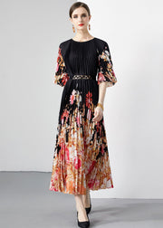 New Black Print Wrinkled Loose Patchwork Loose Chiffon Long Dresses Half Sleeve