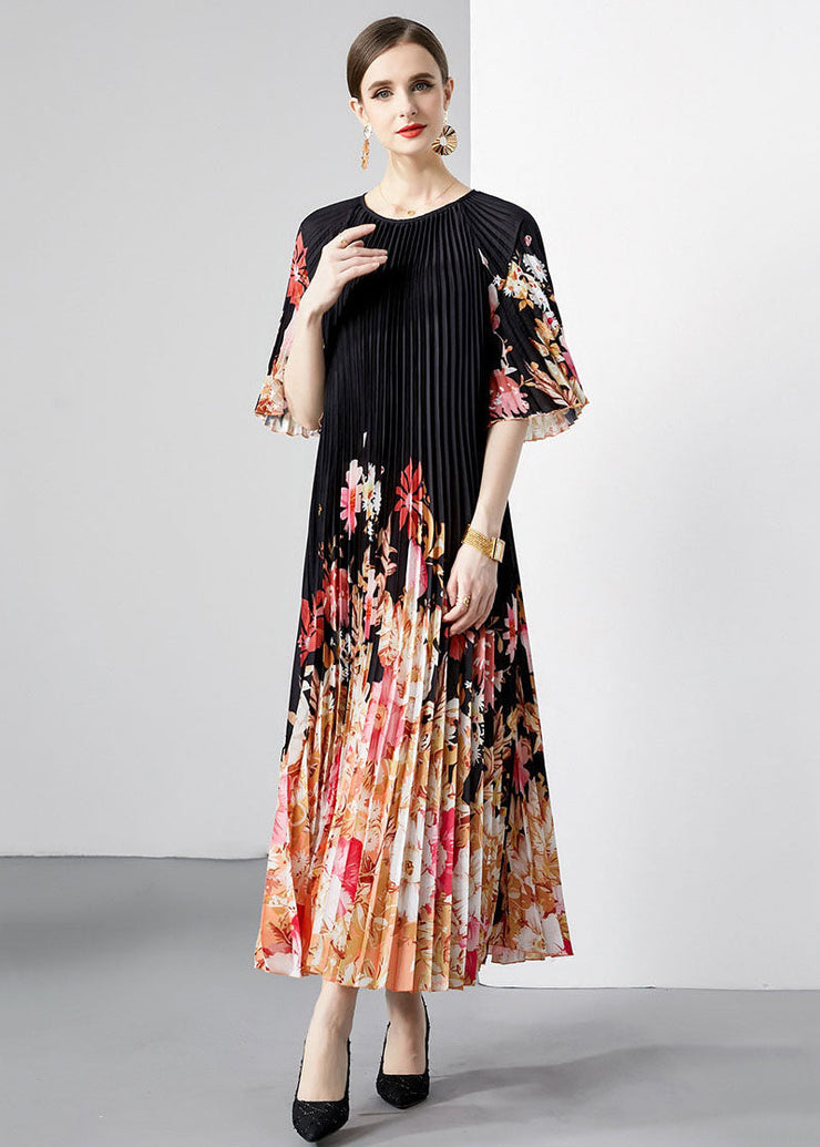 New Black Print Wrinkled Loose Patchwork Loose Chiffon Long Dresses Half Sleeve