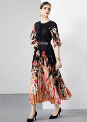 New Black Print Wrinkled Loose Patchwork Loose Chiffon Long Dresses Half Sleeve