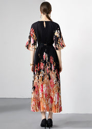 New Black Print Wrinkled Loose Patchwork Loose Chiffon Long Dresses Half Sleeve