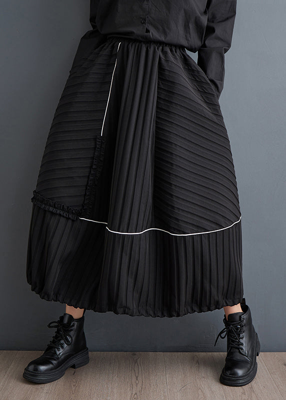 New Black Ruffled Pockets Elastic Waist Cotton Skirts Fall