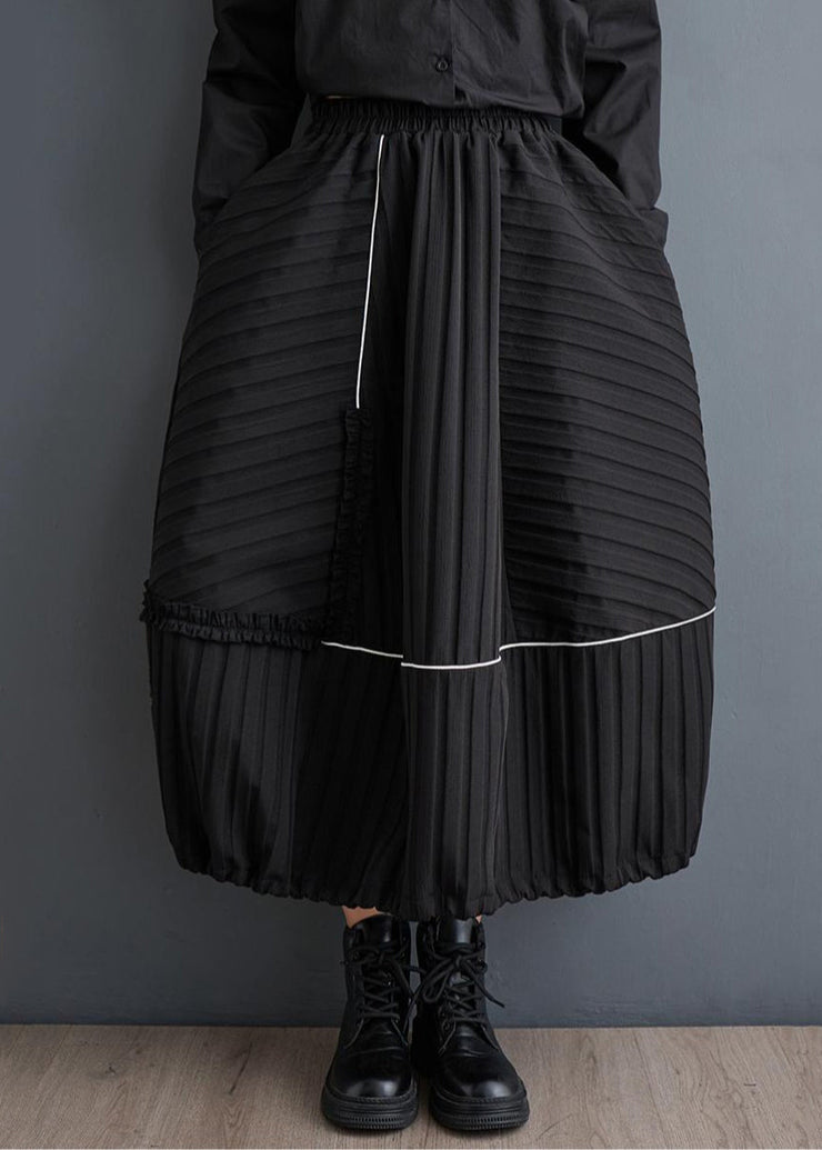 New Black Ruffled Pockets Elastic Waist Cotton Skirts Fall